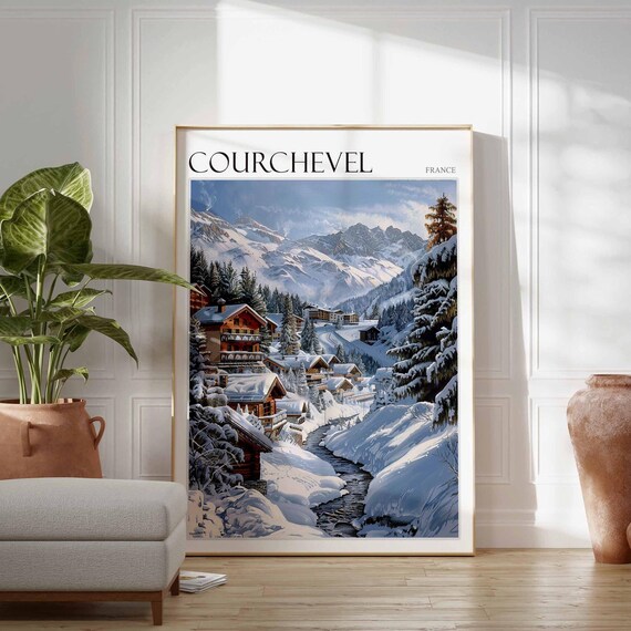 Courchevel France Snowy Mountain Stream Village Chalets Art Poster