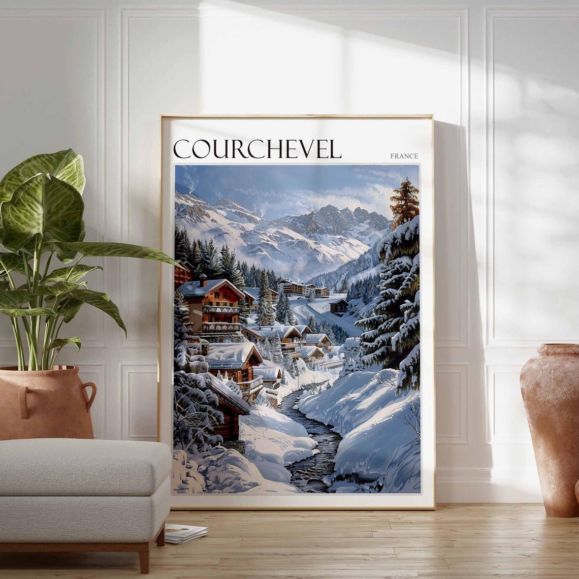 Courchevel France Snowy Mountain Stream Village Chalets Art Poster