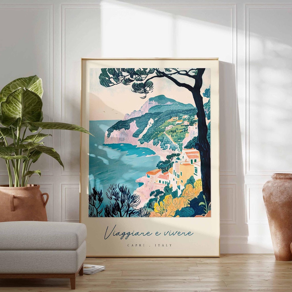 Capri Italy Viaggiare e Vivere Stylized Pine Tree Coastal Art Poster - Image 3