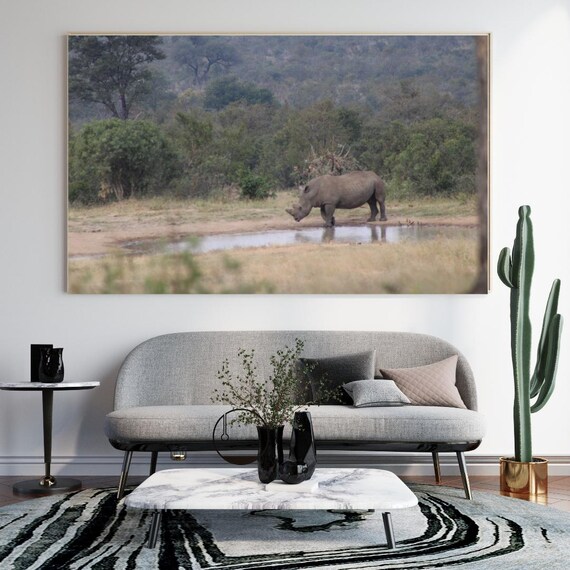 Rhino Drinking at an African Waterhole Safari Wildlife Photo Poster