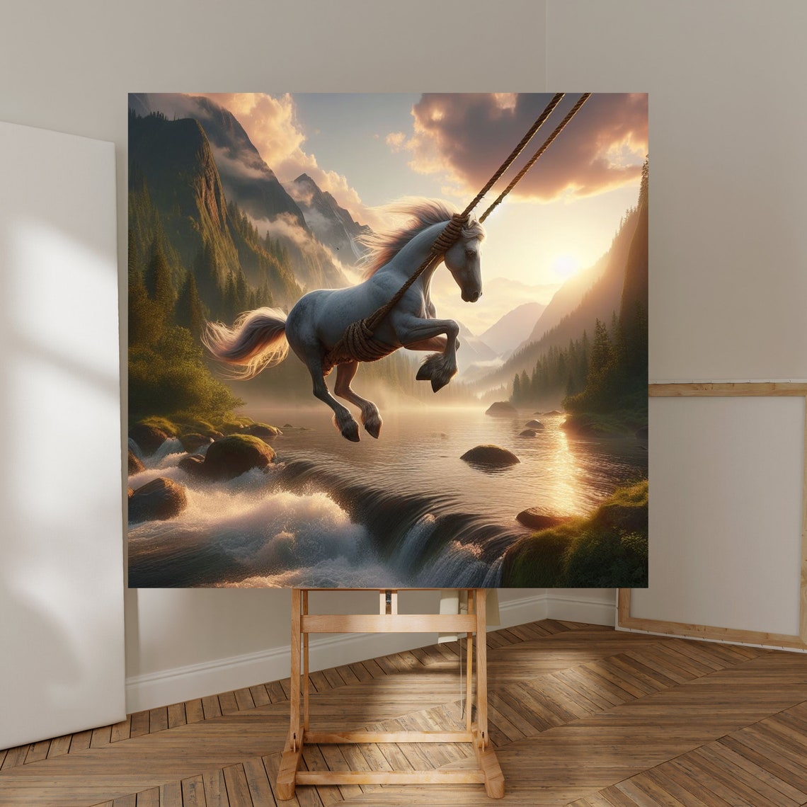 Whimsical White Horse on a Rope Swing Over a River Waterfall Poster