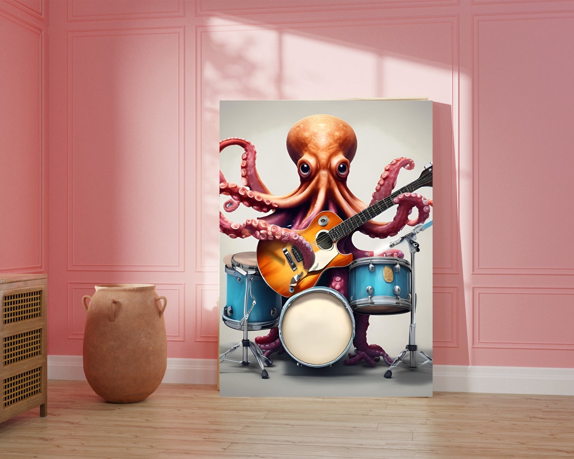 Funny Octopus Playing Electric Guitar and Drums Music Poster - Image 4