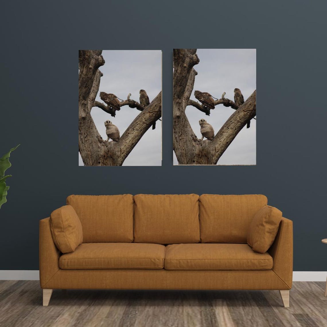 Young Eagle Owl Perched In A Tree With Parent Watching Over Poster - Image 3