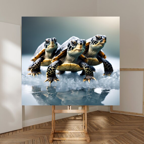 Three Baby Sea Turtles Walking Together On Glistening Ice Poster