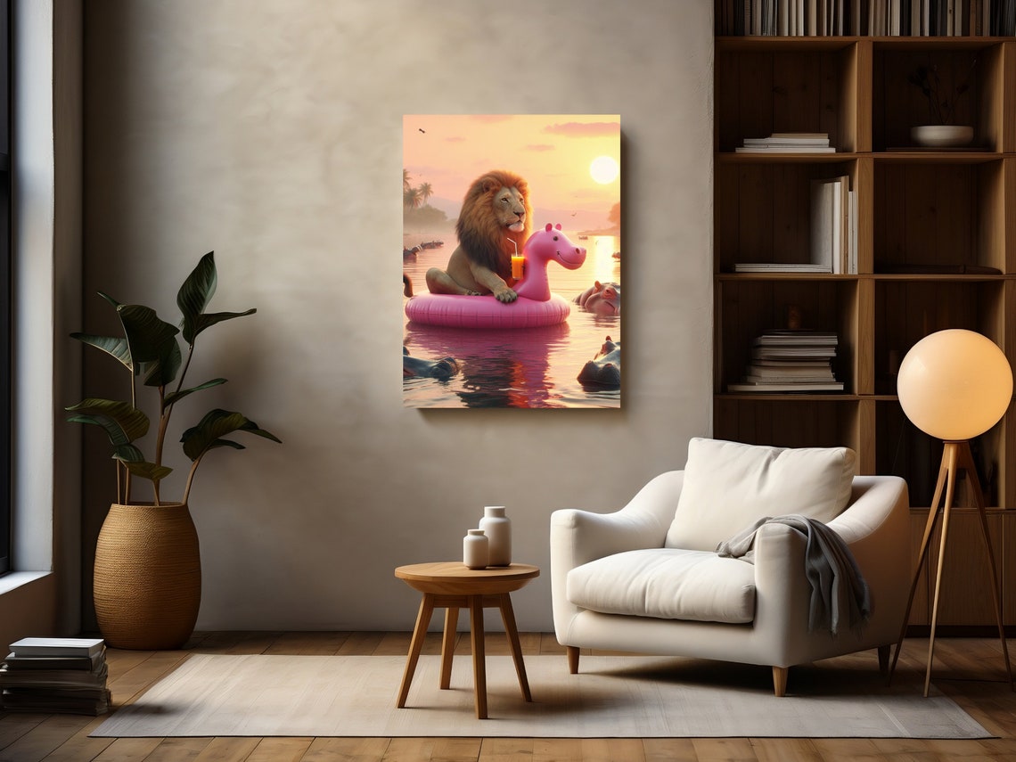 Lion Relaxing On A Pink Hippo Float At Sunset River Funny Poster - Image 2