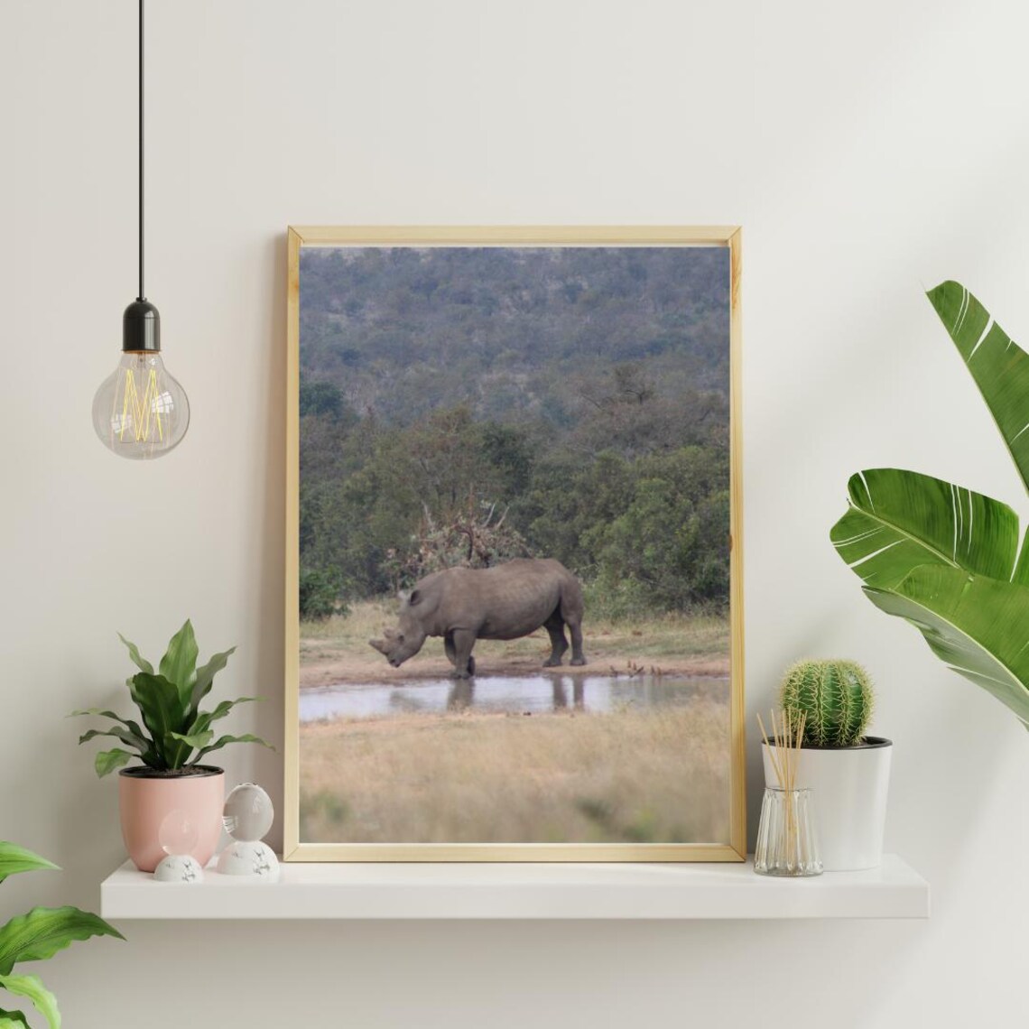 Rhino Drinking at an African Waterhole Safari Wildlife Photo Poster - Image 4