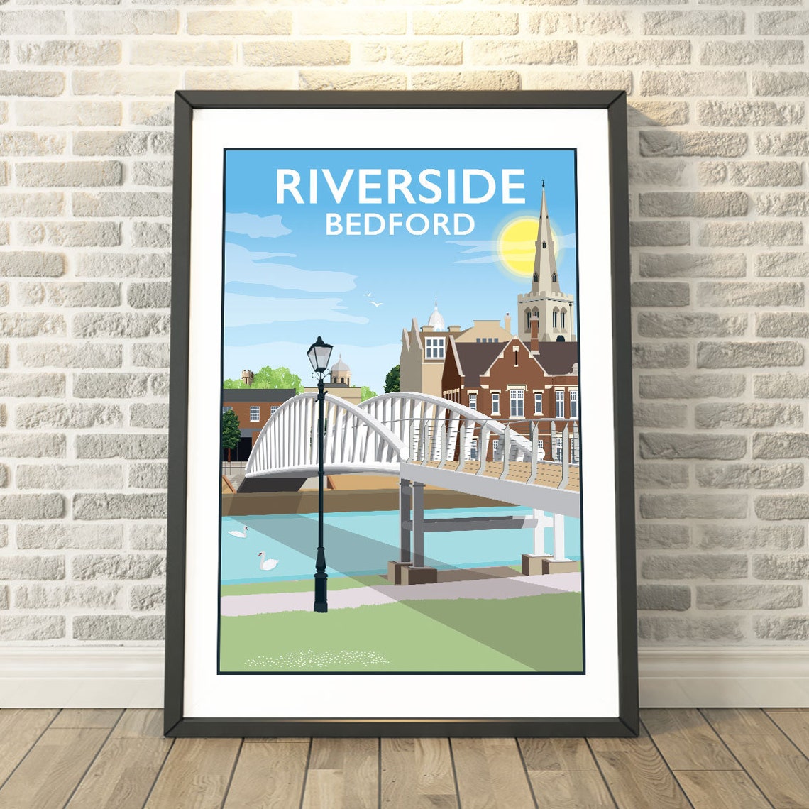 Riverside Bedford England Bridge Vintage Travel River Scene Wall Art