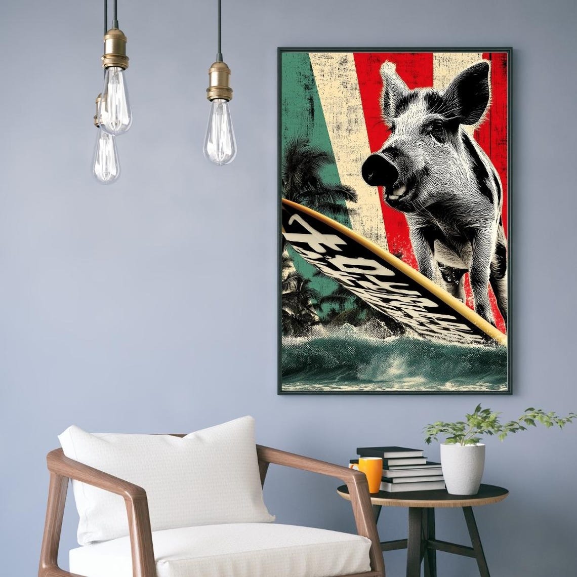 Surfer Pig Vintage Beach Retro Surfboard Palm Waves Ocean Poster