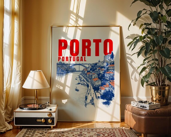 Porto Portugal Vintage Travel Style Bridge Douro River Line Art Poster