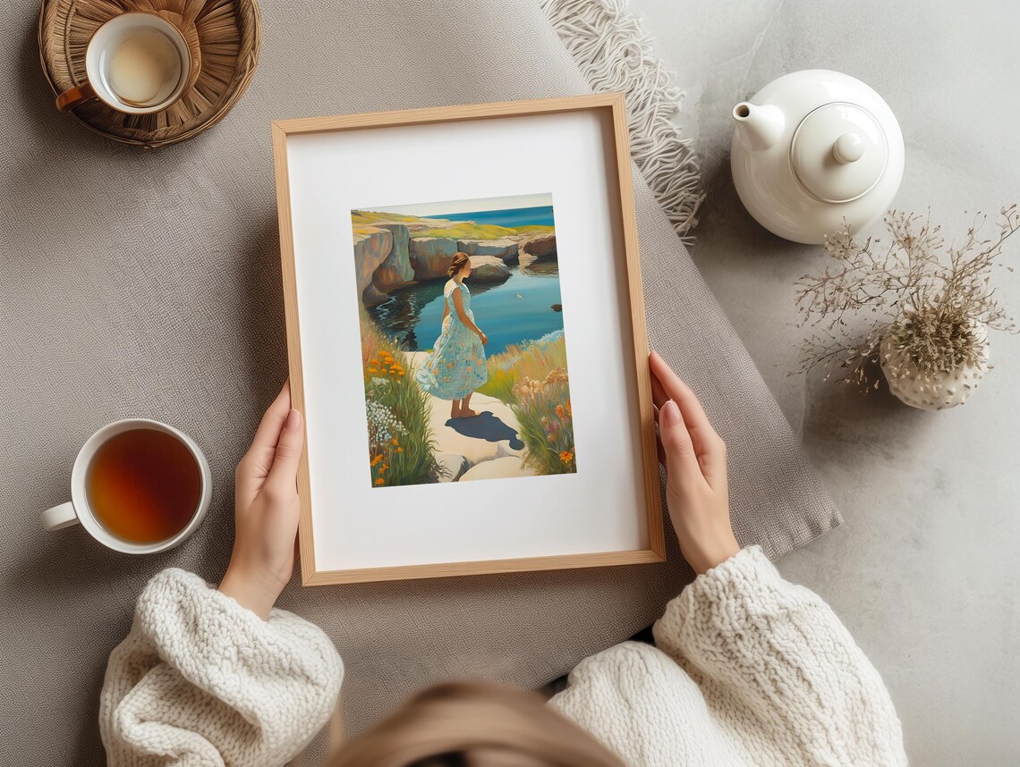 Woman By Rocky Cove Calm Blue Water Scenic Coastal Art Poster - Image 3