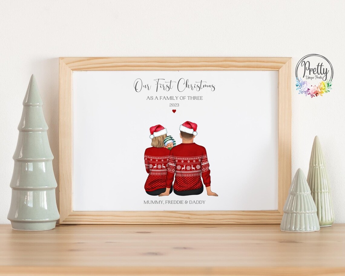 Personalised First Christmas Family of Three Print Red Jumpers Santa