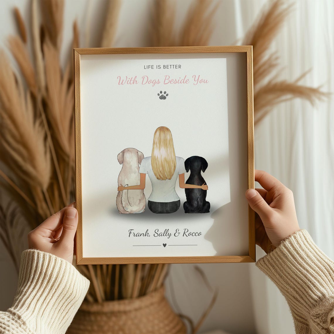 Personalised Dog Owner and Two Dogs Portrait Print Life Is Better