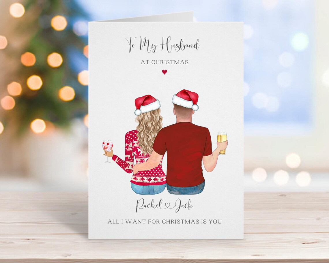 To My Husband At Christmas Santa Hats Couple Champagne Card Print