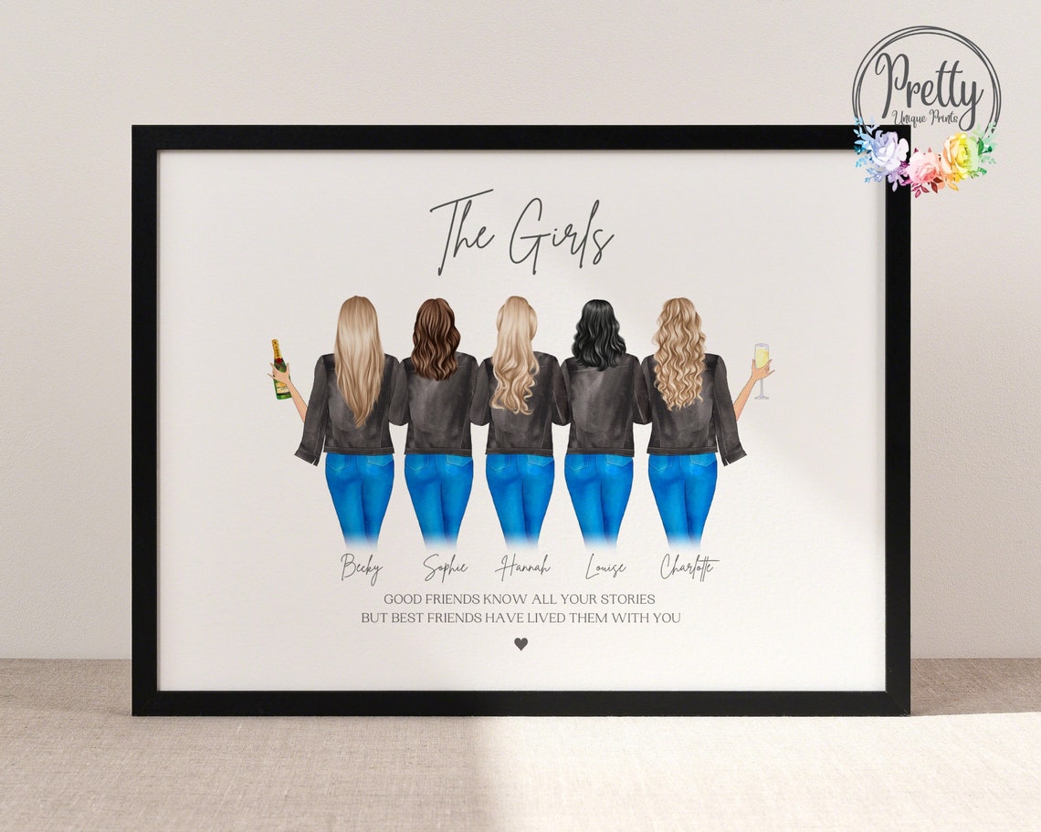 Personalized Five Friends Group Watercolor Girls Night Art Print