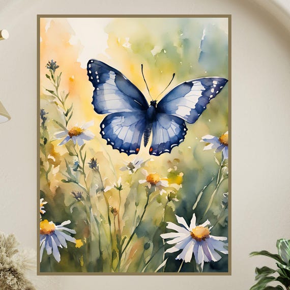 Blue Butterfly Watercolor Wall Art Floral For Nursery Boho Decor Sizes 11x14 To 24x36