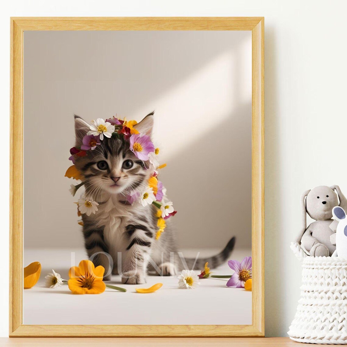 Whimsical Minimalist Floral Kitten, Cute Cat Nursery Decor