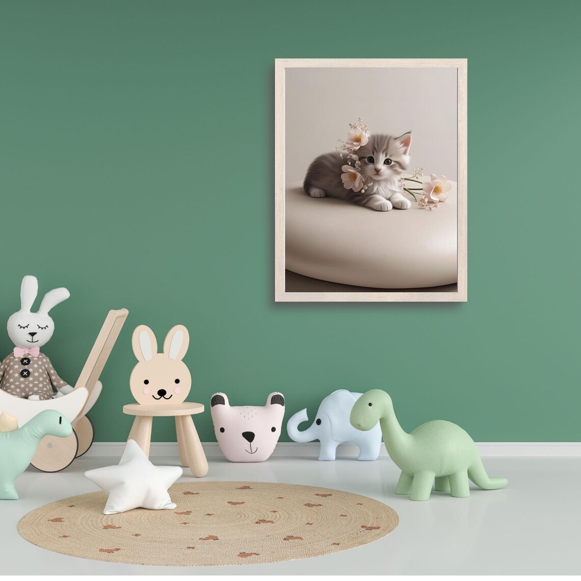 Minimalist Gray White Kitten Lying With Cherry Blossom Flowers Poster - Image 3