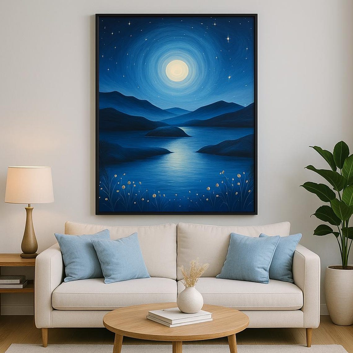 Moonlit Lake Wall Art Starry Night Landscape Print Peaceful Nature Blue Serenity Decor - Image 2