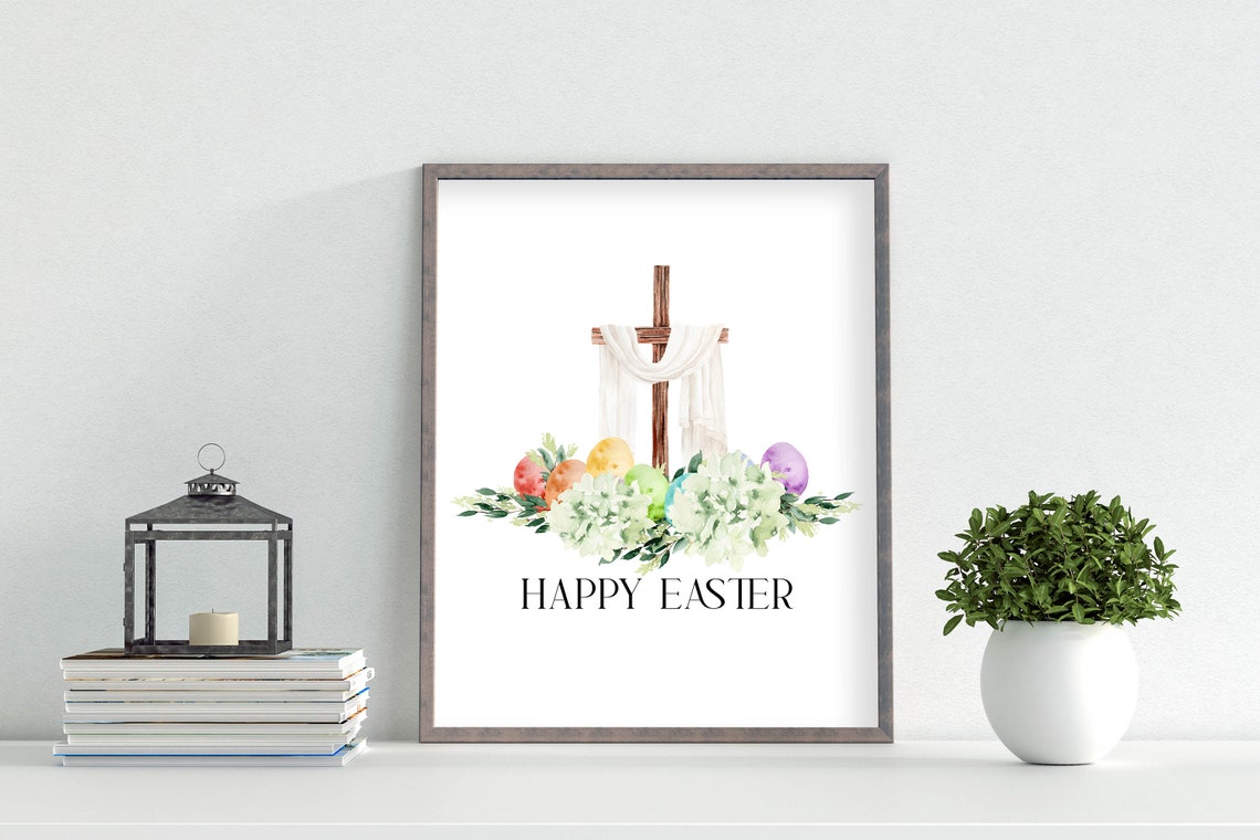 Happy Easter Cross With White Drape Hydrangea Watercolor Poster - Image 6