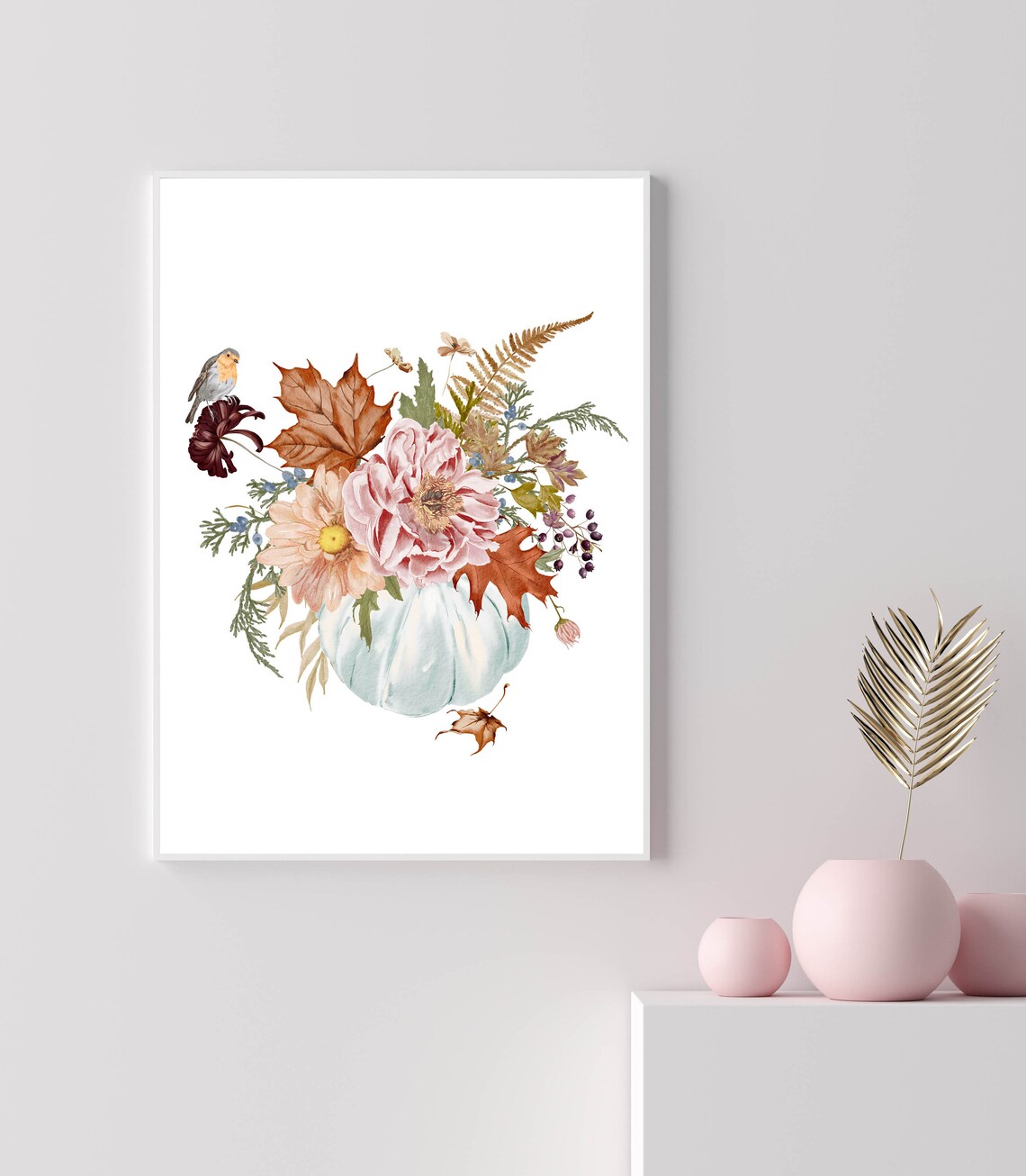 White Pumpkin Bouquet With Fall Flowers And Bird Watercolor Poster - Image 3