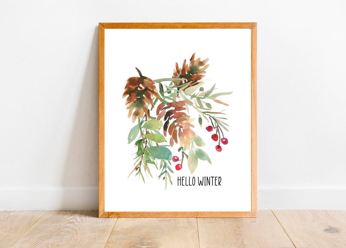 Hello Winter Pine Cone Eucalyptus Berry Watercolor Botanical Poster - Image 4