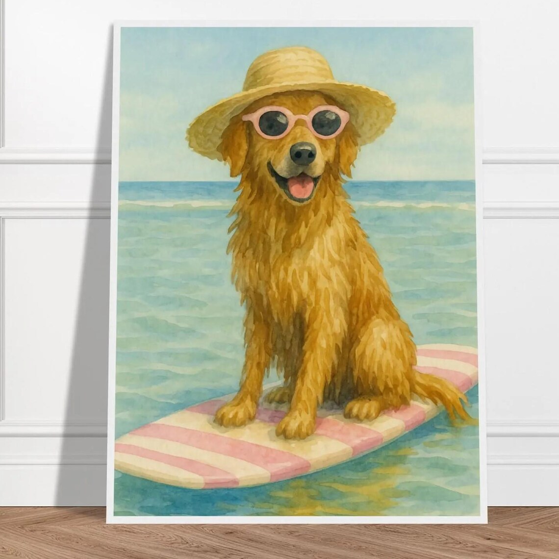 Golden Retriever Surf Dog Sunglasses Beach Watercolor Art Poster