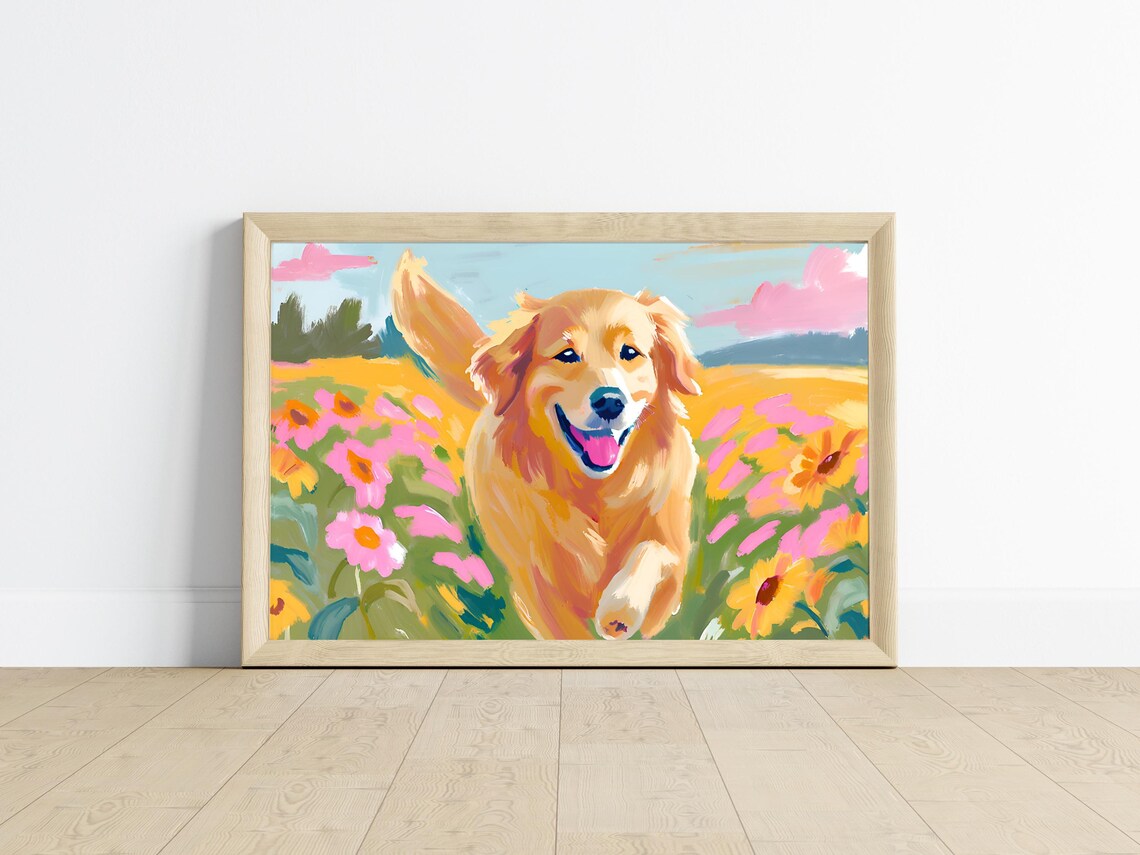 Golden Retriever Puppy Art Print, Floral Pet Portrait