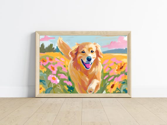 Golden Retriever Puppy Art Print, Floral Pet Portrait