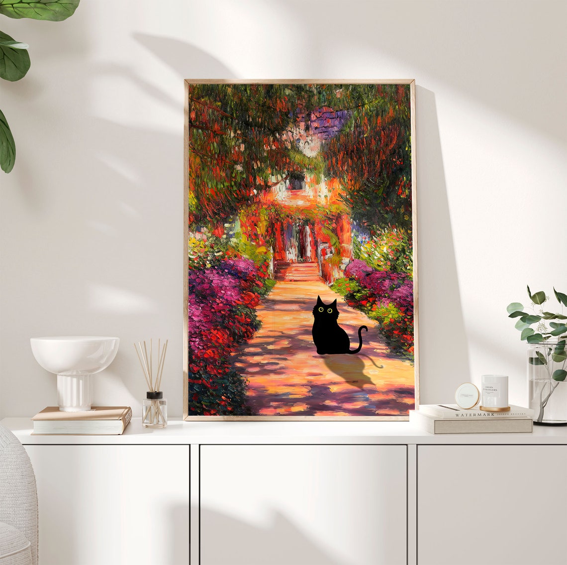 Black Cat on Flower Lined Garden Path Monet Style Art Poster - Image 3