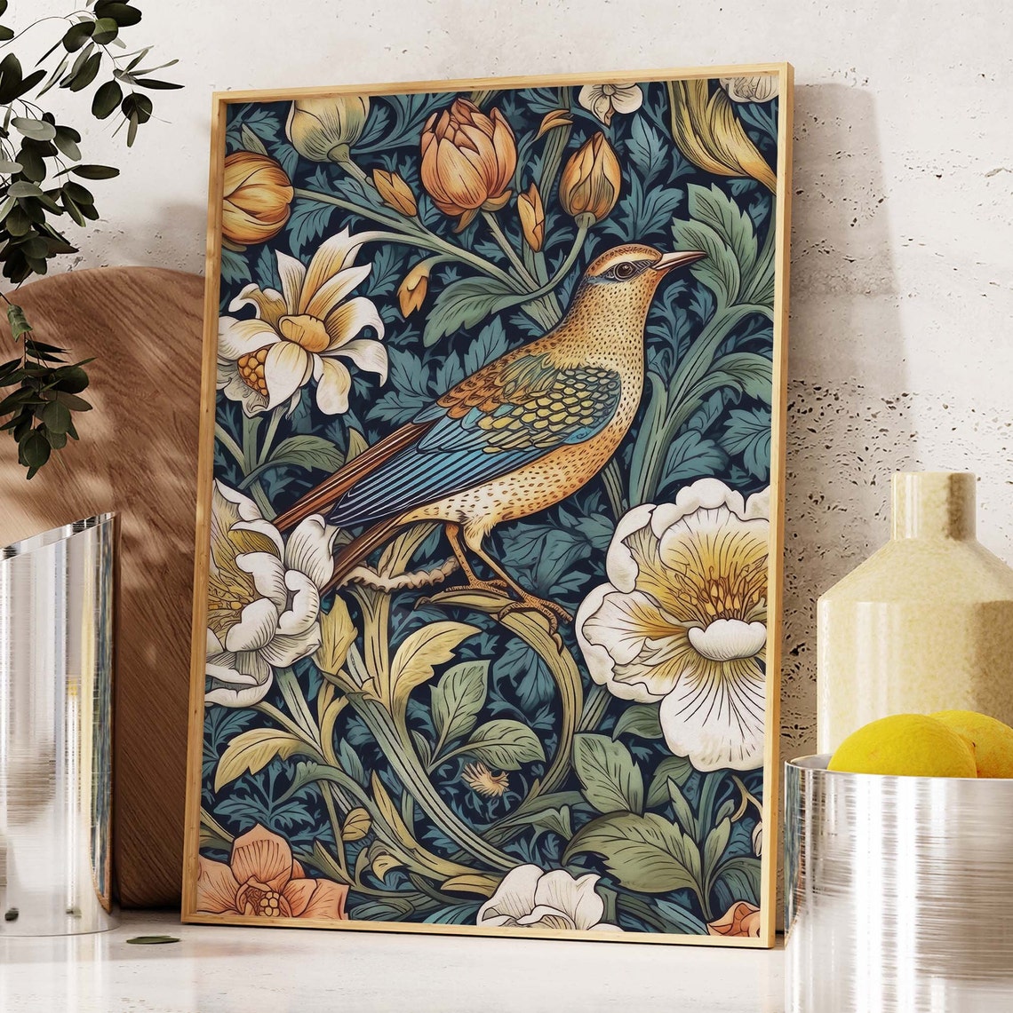 William Morris Inspired Bird With White Blossoms Vintage Print - Image 3