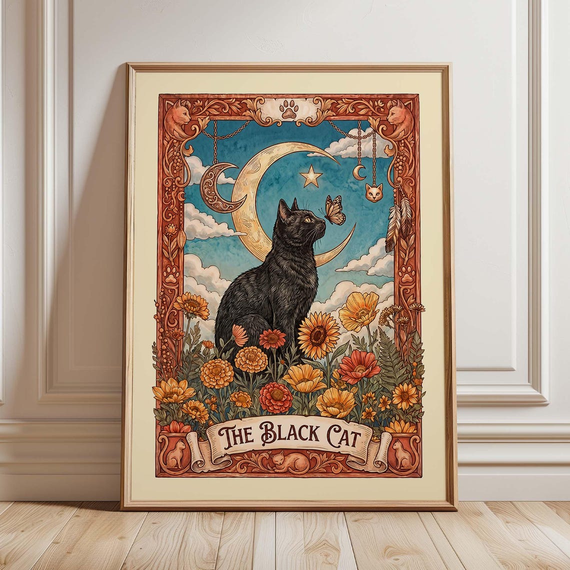 The Black Cat Tarot Style Celestial Moon And Sunflowers Art Poster