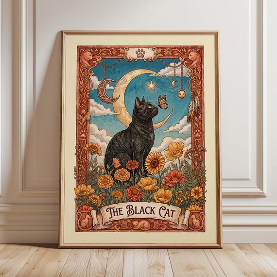 Black Cat Wall Art Print Vintage Tarot Poster Celestial Moon Decor Nouveau Floral Gothic Artwork