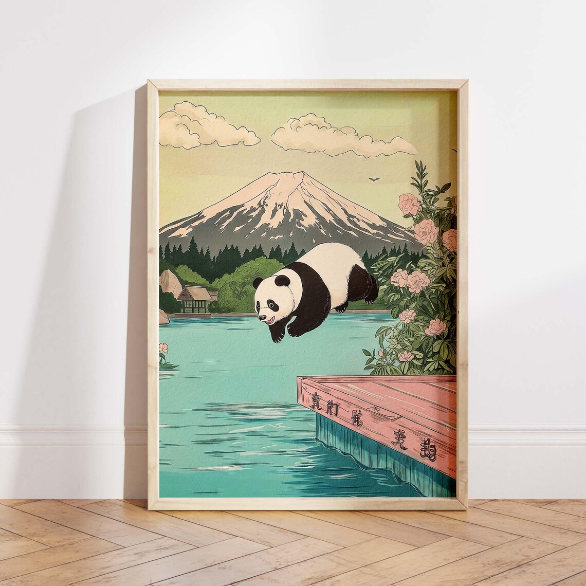 Panda Diving Into Lake Water With Mount Fuji Japanese Art Poster