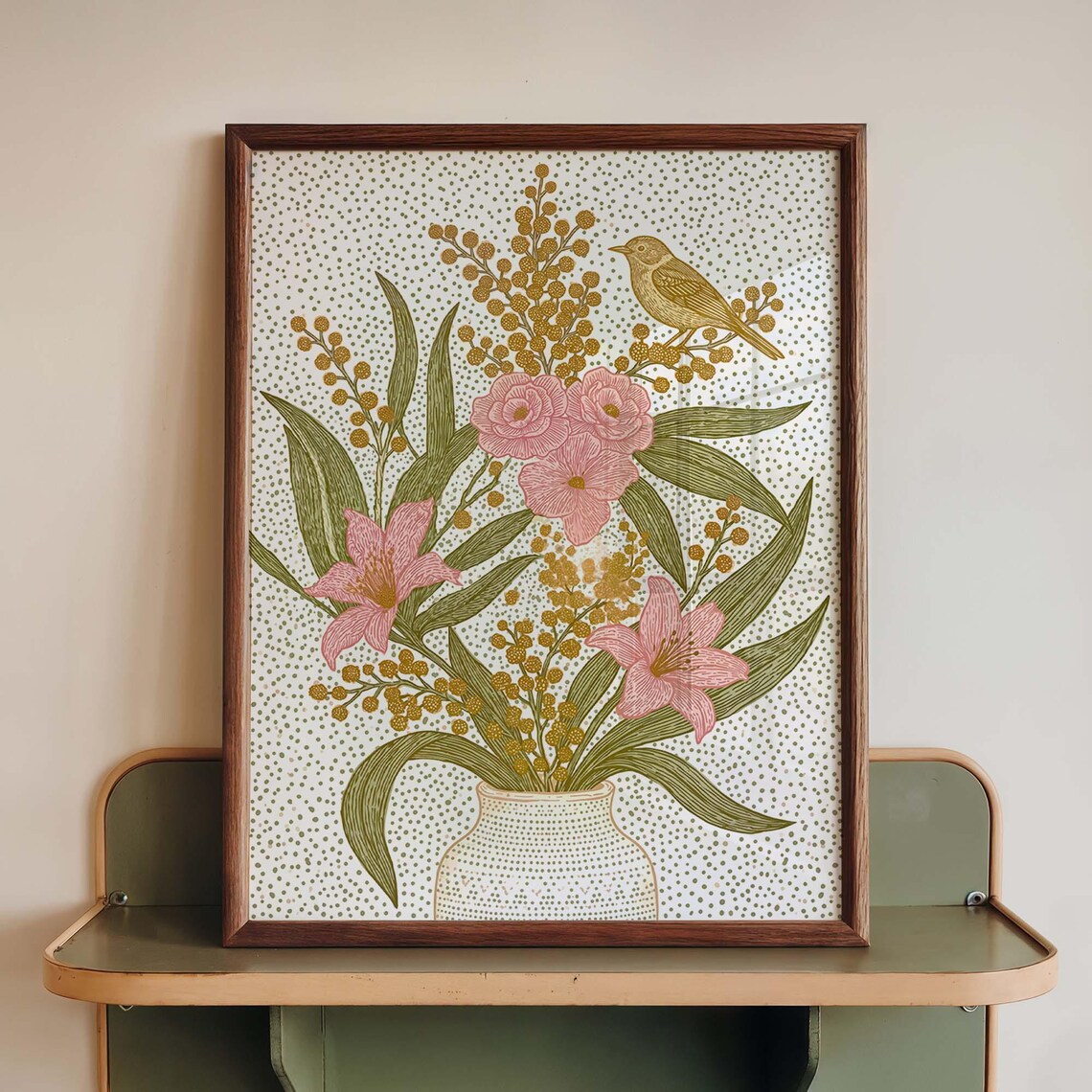 Botanical Bird Floral Vase Pink Blooms Dotted Cottagecore Vintage Art Poster