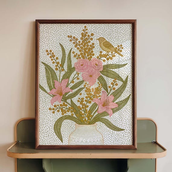 Botanical Bird Print Pink Floral Vase Cottagecore Vintage Decor Neutral Artwork