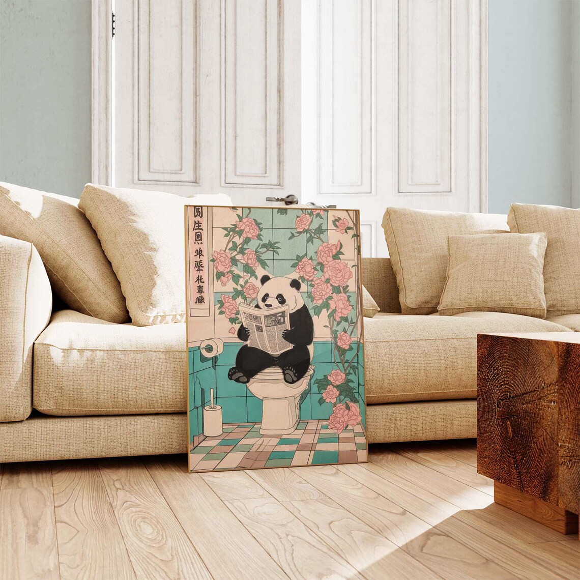 Panda Sitting On Toilet Reading Newspaper In Japanese Bathroom Poster - Image 3