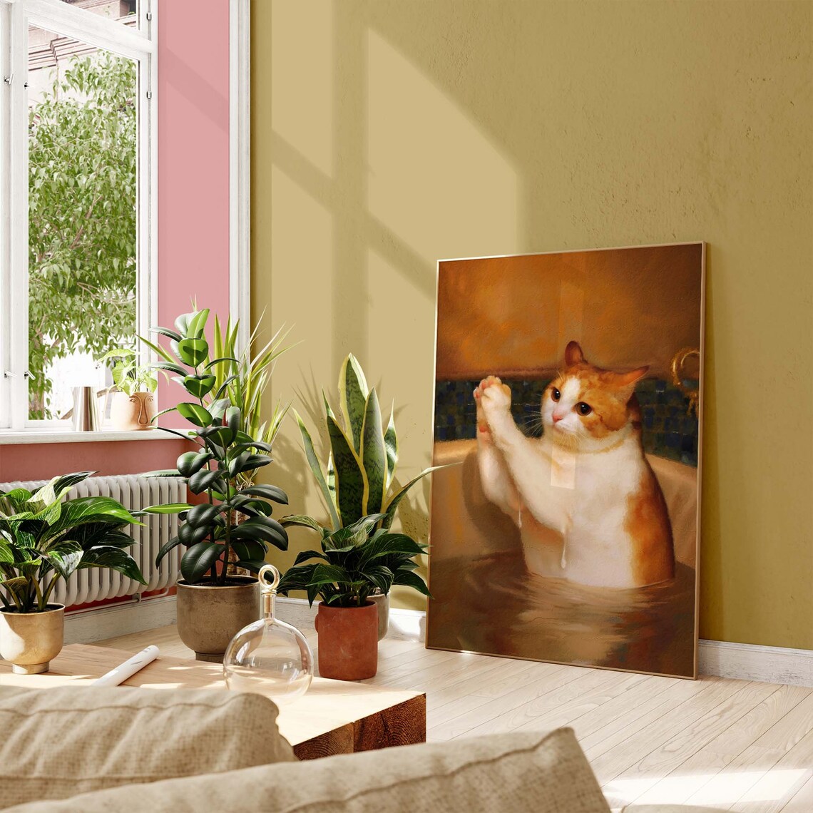 Orange Cat With Paws Up In A Vintage Bathtub Oil Painting Poster - Image 3