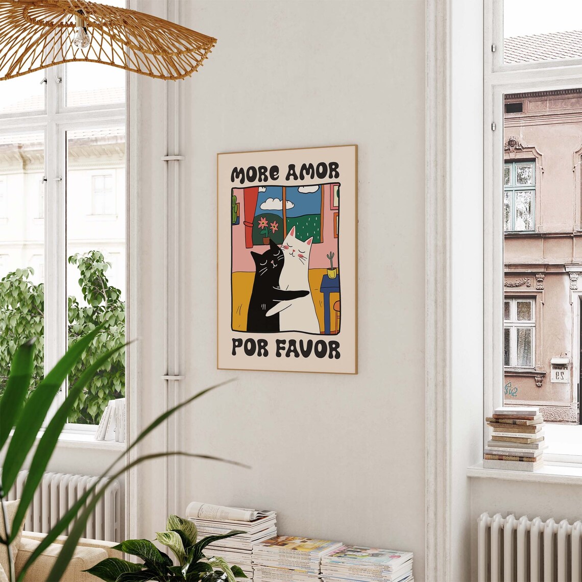 More Amor Por Favor Hugging Black And White Cats Retro Love Poster - Image 3