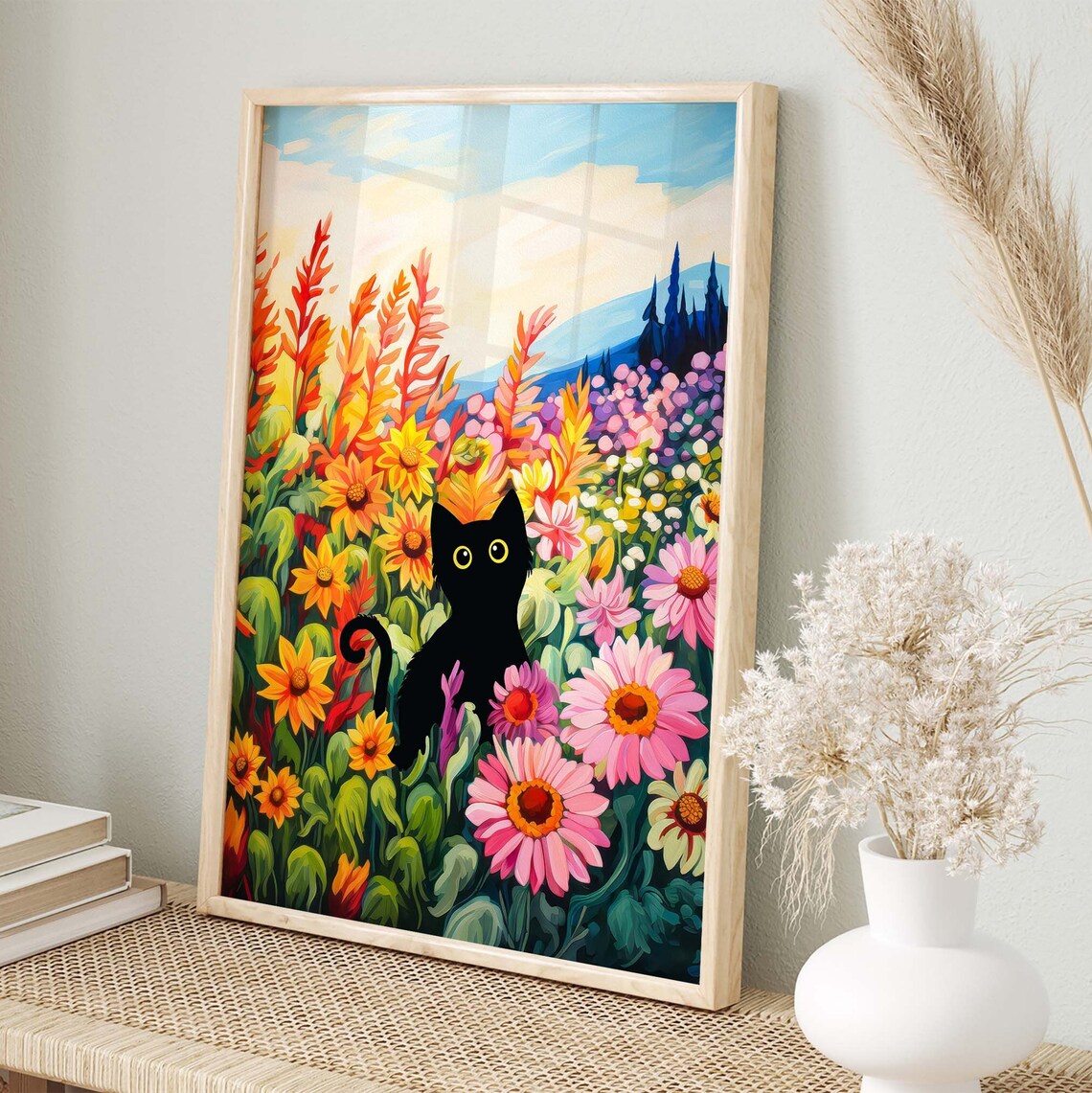 Black Cat and Sunflowers, Funny Cat Art Print - Image 4