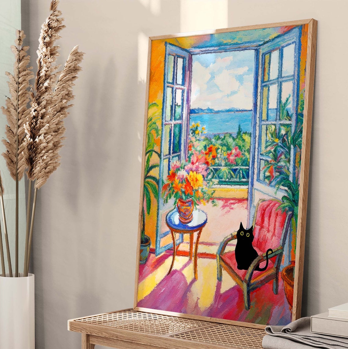 Black Cat on Chair by Open Window Overlooking the Sea Poster - Image 4