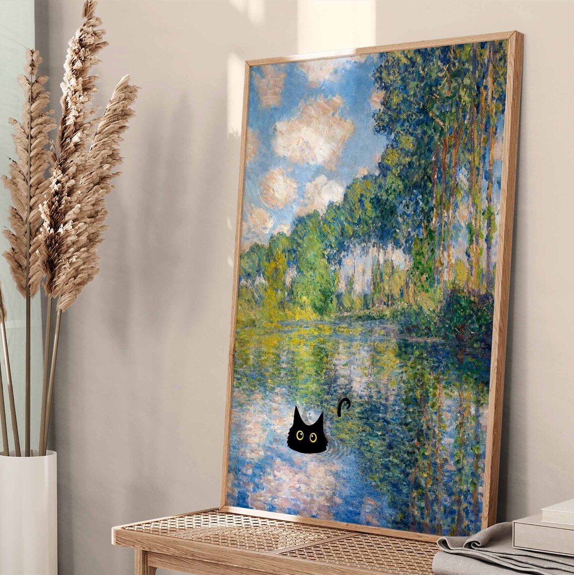 Monet River Poplars Landscape With Black Cat Swimming Poster - Image 4