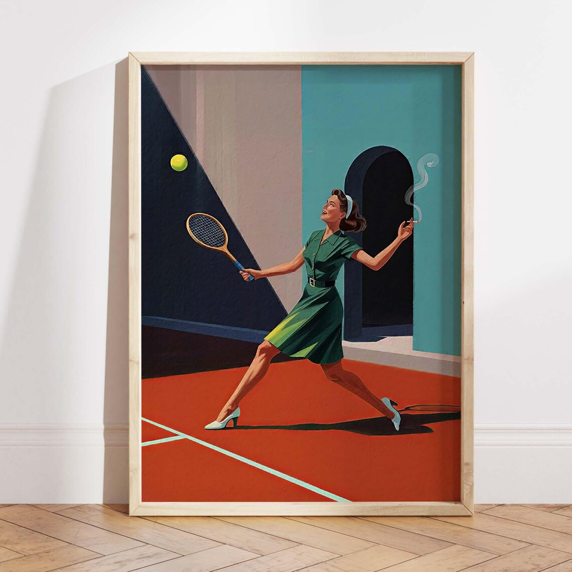 Mid Century Modern Woman Tennis Player Smoking Retro Sports Poster