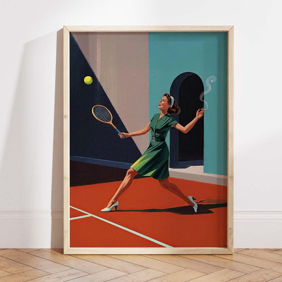 Funny Tennis Poster Mid Century Modern Smoking Lady Playing Art Print Retro Sports Wall Decor Vintage Humor Gift