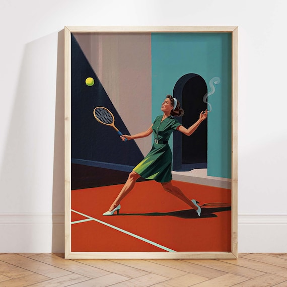 Mid Century Modern Woman Tennis Player Smoking Retro Sports Poster