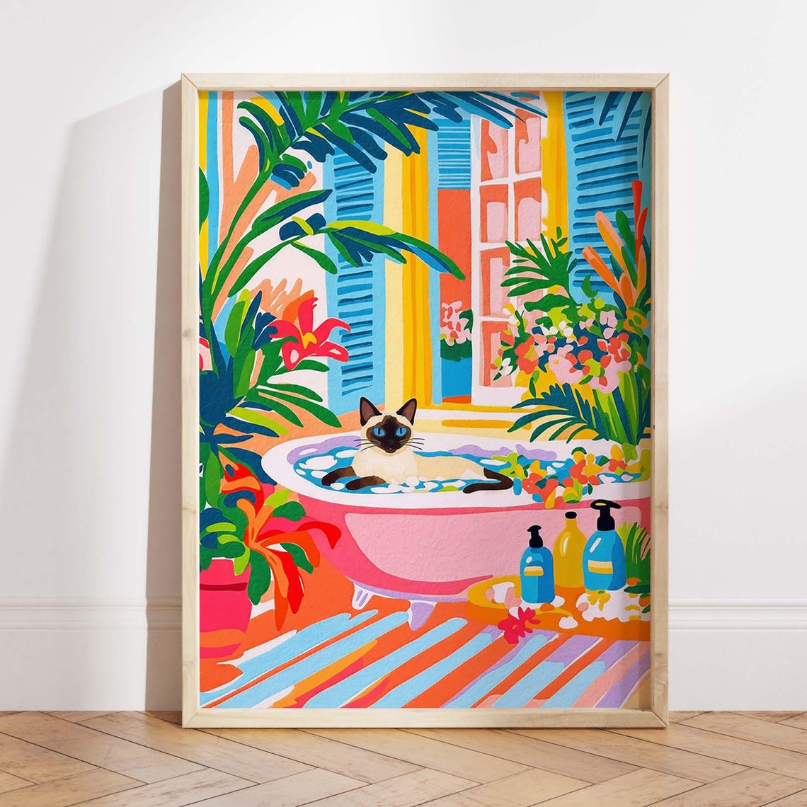 Siamese Cat In Bathtub Wall Art Print Colorful Tropical Bathroom Decor Poster Whimsical Lover Gift Bright Modern Home