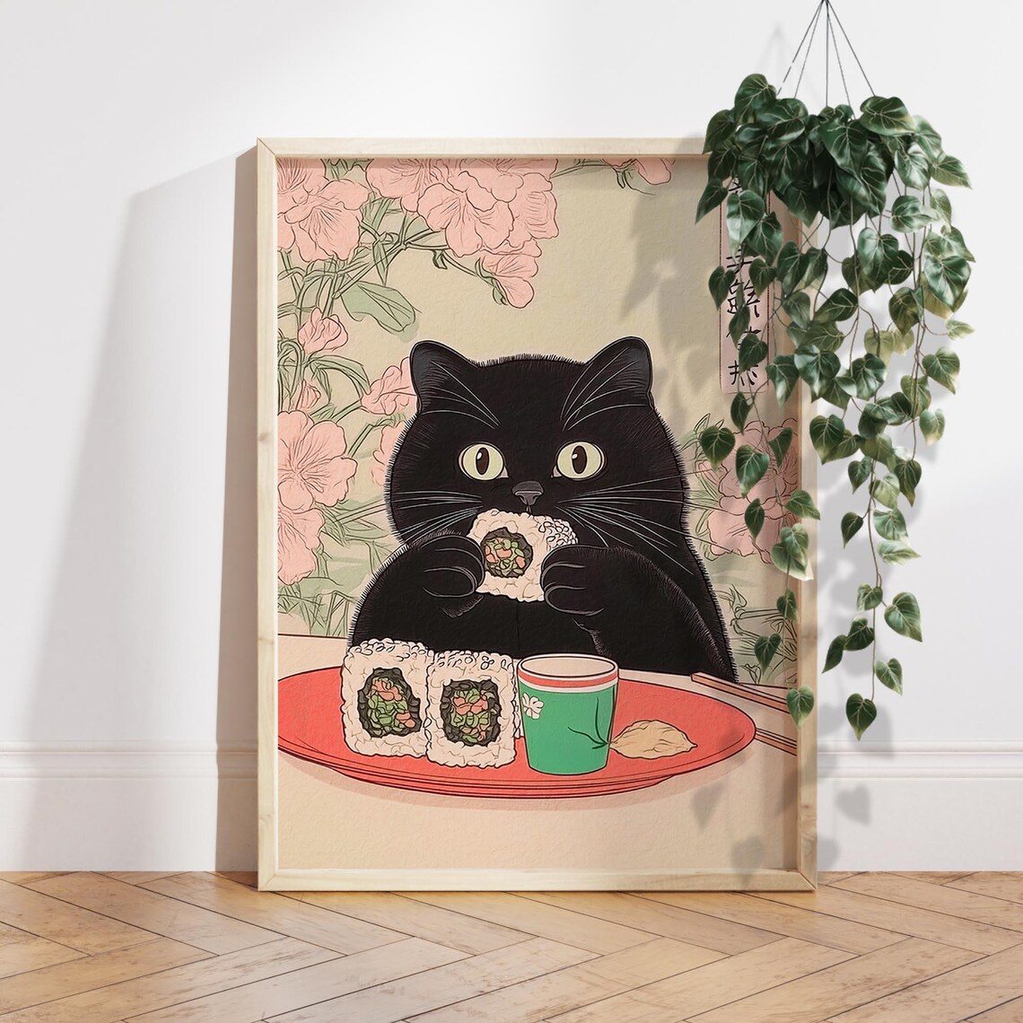 Black Cat Eating Sushi Japan Minimalist Art Print