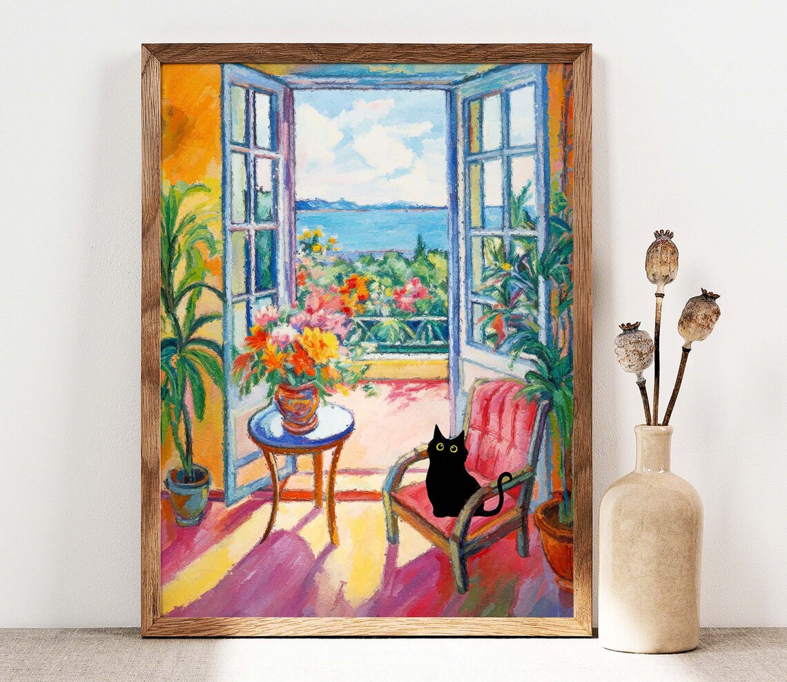 Black Cat on Chair by Open Window Overlooking the Sea Poster