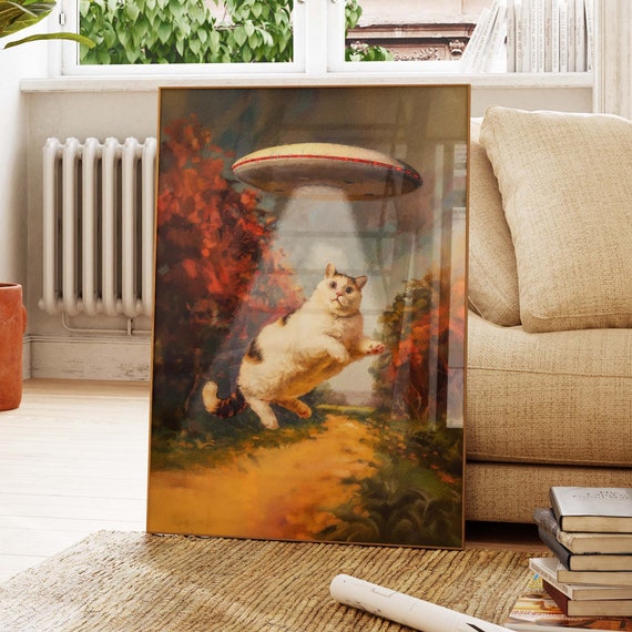 Cat Abduction Art Print, UFO Cat Poster