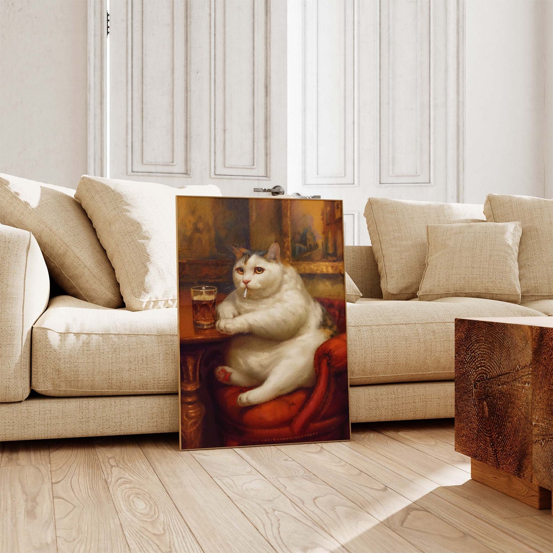 Fat White Cat Smoking a Cigarette With Beer Vintage Bar Poster - Image 4