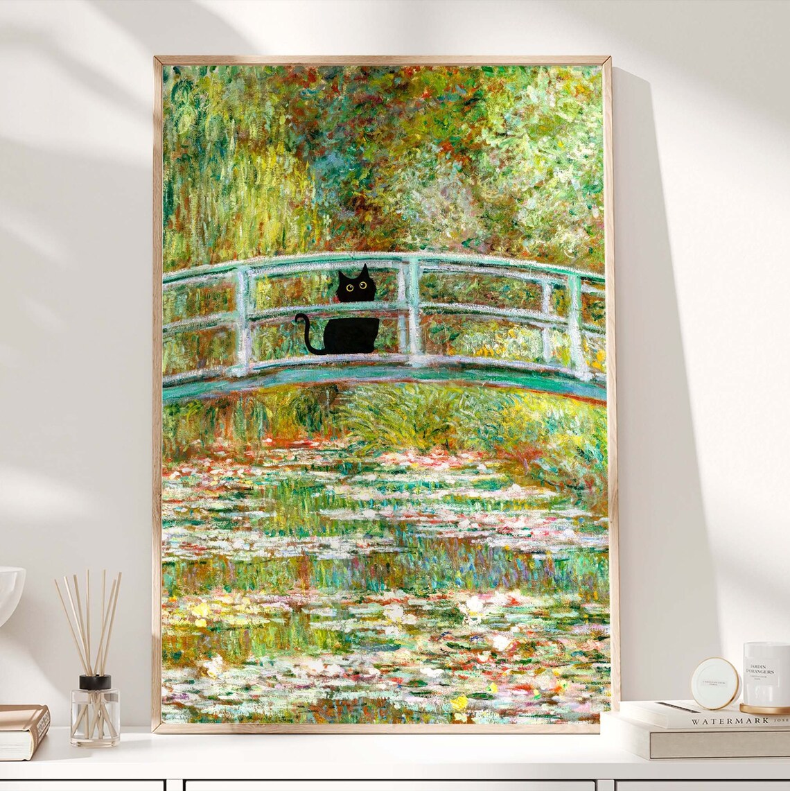 Black Cat Standing On Monet Water Lily Garden Bridge Art Poster - Image 3